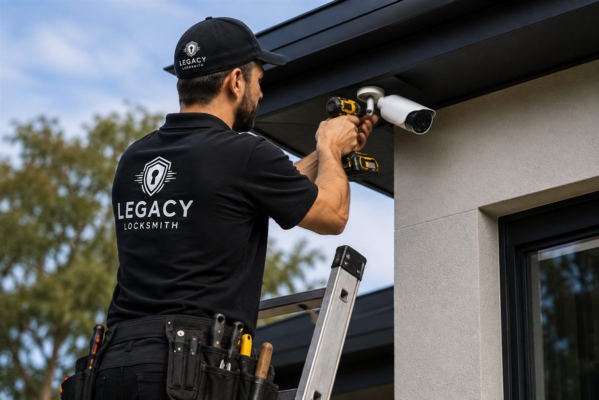 Locksmith installing a security camera under a roofline