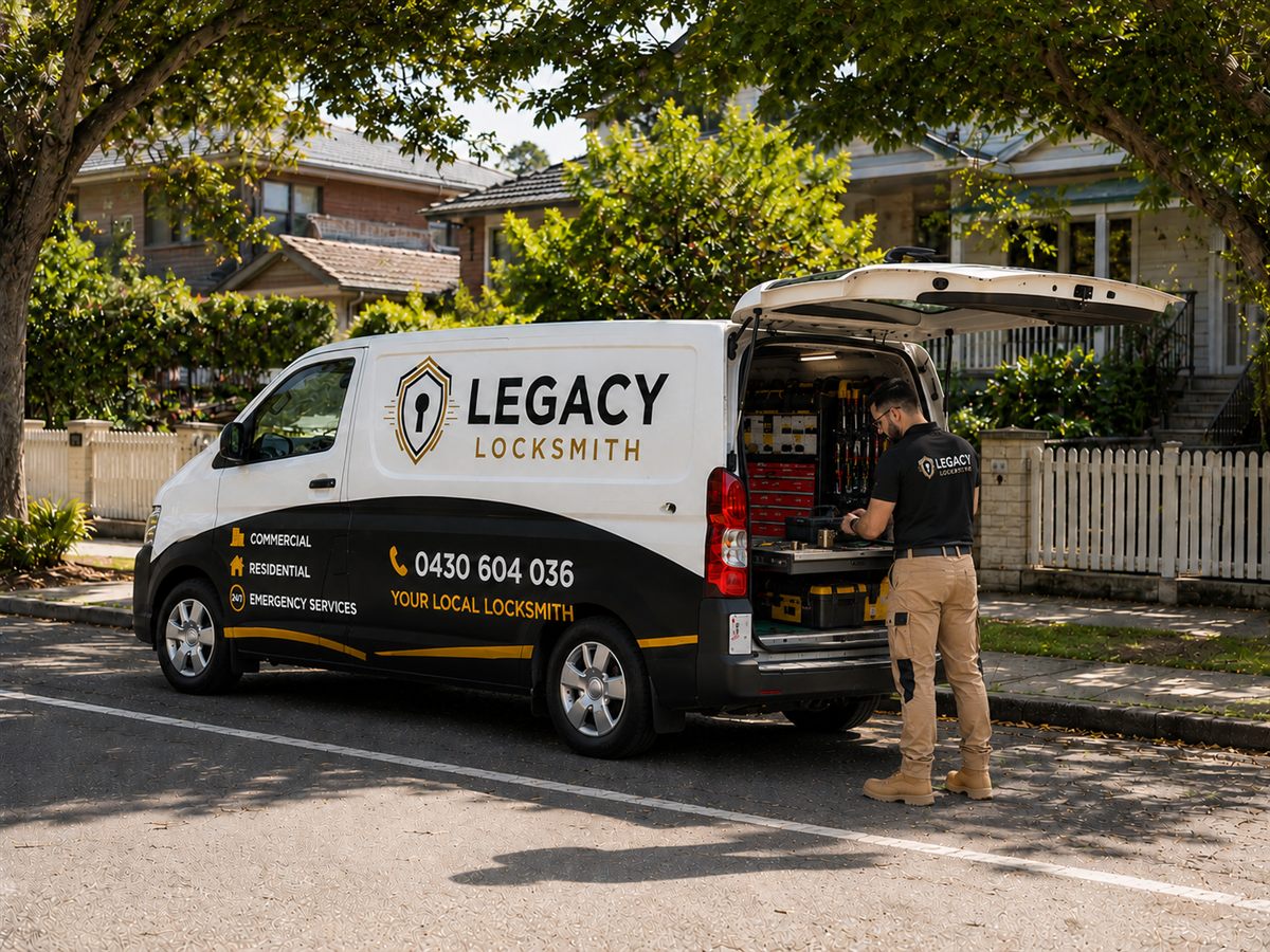 Legacy Locksmith branded van parked on a residential street with a technician preparing tools
