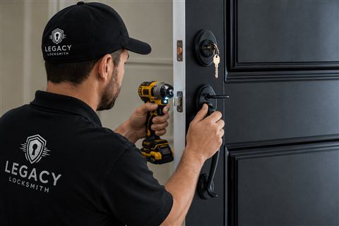 Locksmith installing a deadbolt lock