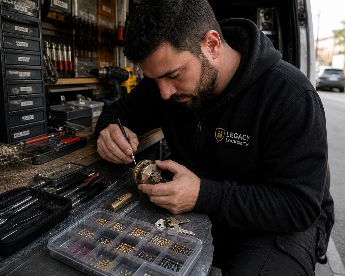 Locksmith rekeying a lock cylinder