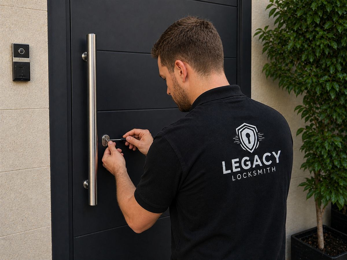 Locksmith opening a front door during a lockout